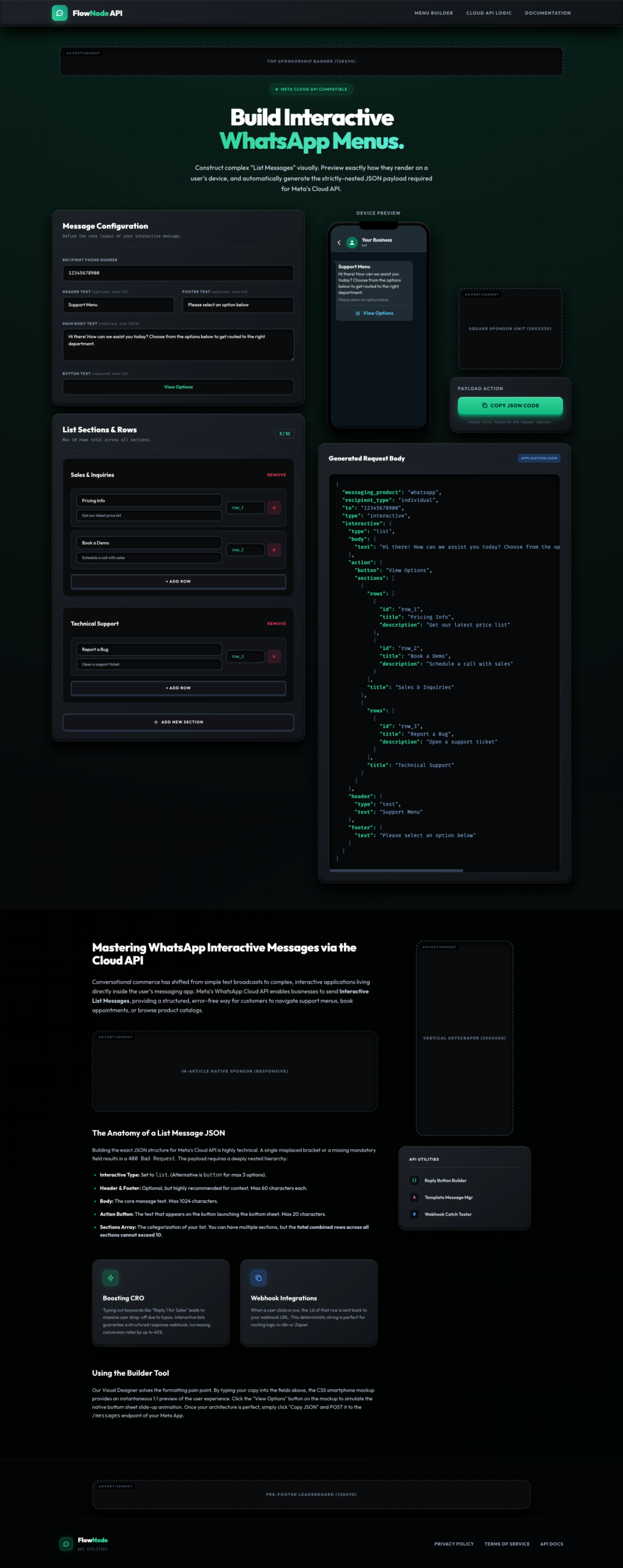 WhatsApp Interactive Menu JSON Builder